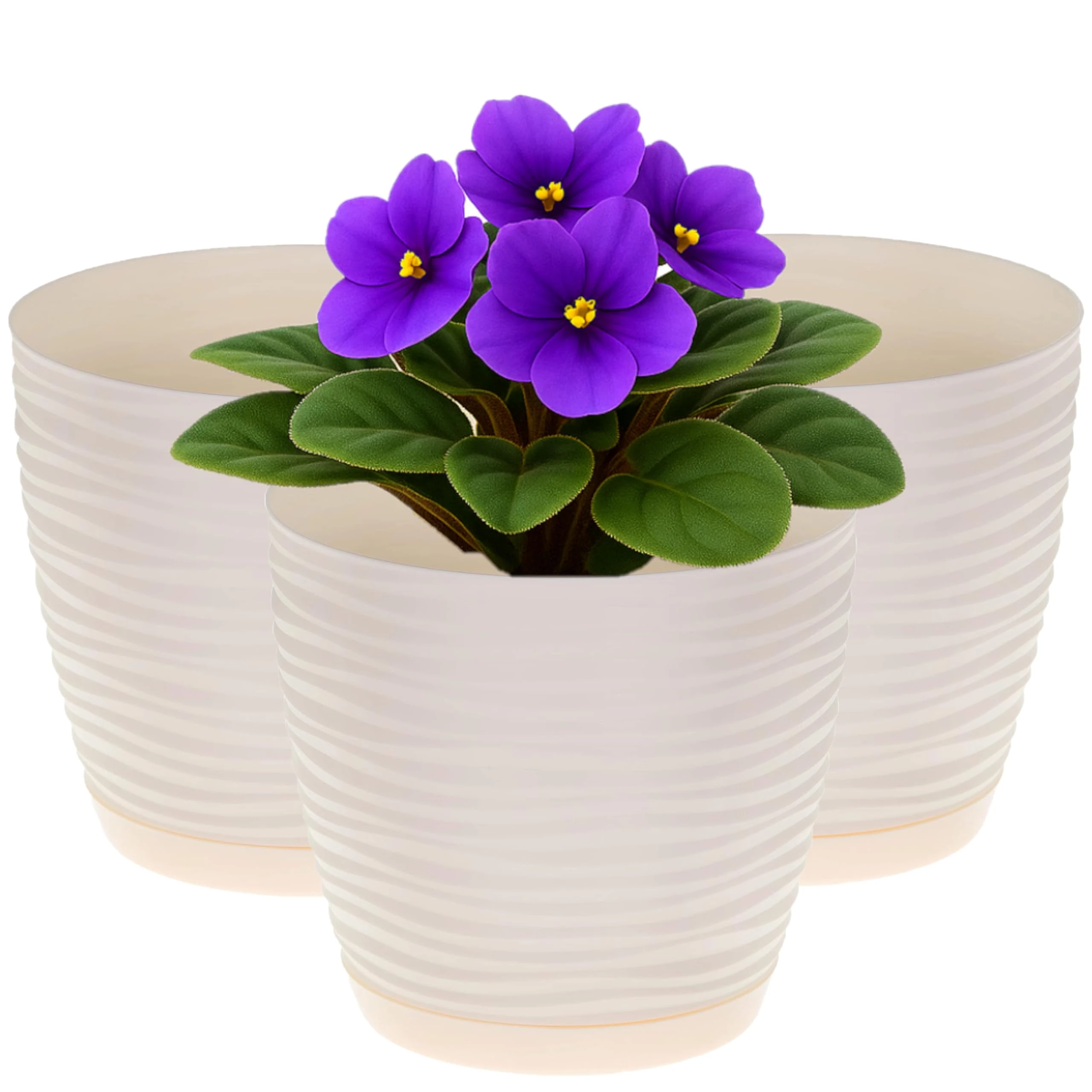 Home Garden Ornaments Wave Plant Pots Indoor, Set of 3 Indoor Plant Pot with 3D Effect, Drainage Holes, and Integrated Saucer, Plastic Flower Pots (Diameter: 17cm, Colour: Cream)
