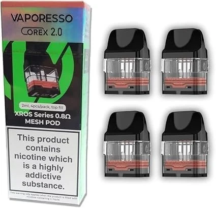 Vaporesso Xros Replacement Pods, 0.8 Ohm, Integrated Coils, Corex 2.0, Compatible with Xros3, Xros3 Mini, Xros4, Xros4 Mini, Xros5, Xros5Mini, Vaporesso Vaping Pods, Refillable, Pack of 4, No Nicotine
