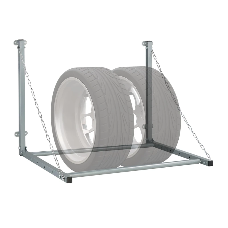Relaxdays Car Tyre Rack Wall-Mounting, for 4 Tyres, Telescopic Holder, Garage Shelf, up to 90kg, Foldable, Steel, Grey