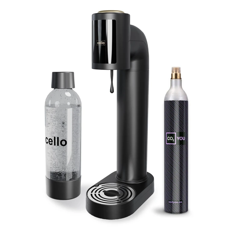 Cello Sparkling Water and Soda Maker Machine in Black with 1 Litre Reusable BPA-Free Water Bottle for Carbonating & Co2 Gas Cylinder, No Electricity Required, Sparkling Water Make