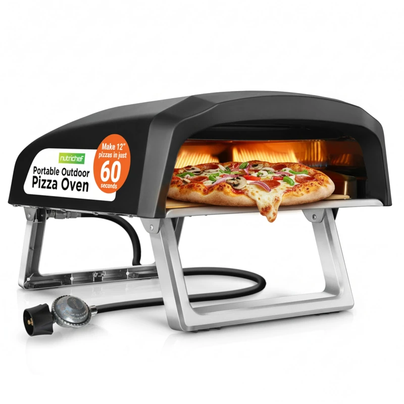 NutriChef Portable Gas Pizza Oven 30cm – Outdoor Pizza Oven with 360° Rotating Stone, Stainless Steel Design, Ready in 60 Seconds