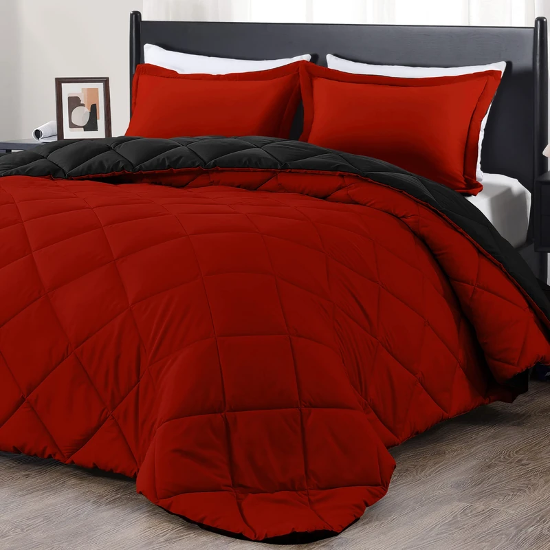 downluxe California King Comforter Set Bedding, Lightweight Solid Down Alternative Reversible, 3-Piece Cal King Comforter Set with 2 Reversible Pillow Shams (Red/Black)