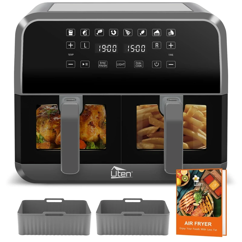 Uten Dual Air Fryer with 2 Visual Window, 8L Air Fryer Dual Basket, 8 Cooking Presets, Energy Saving, Dual Cook and Sync Finish Functions, Dishwasher Safe, 114 Recipe, 2 Silicone Liners, 1700W