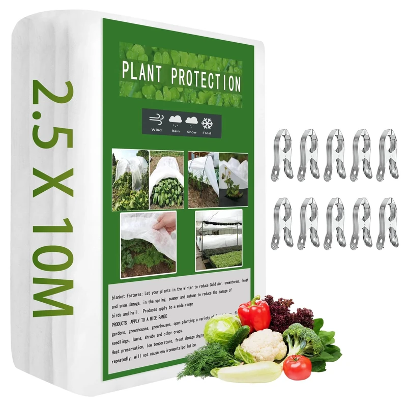 2.5 * 10m Garden Fleece Frost Protection for Plants with 10 Stainless Steel Clip Fittings, 30gsm Horticultural Fleece, Plant Covers for Winter for Vegetables, Fruits, Flowers