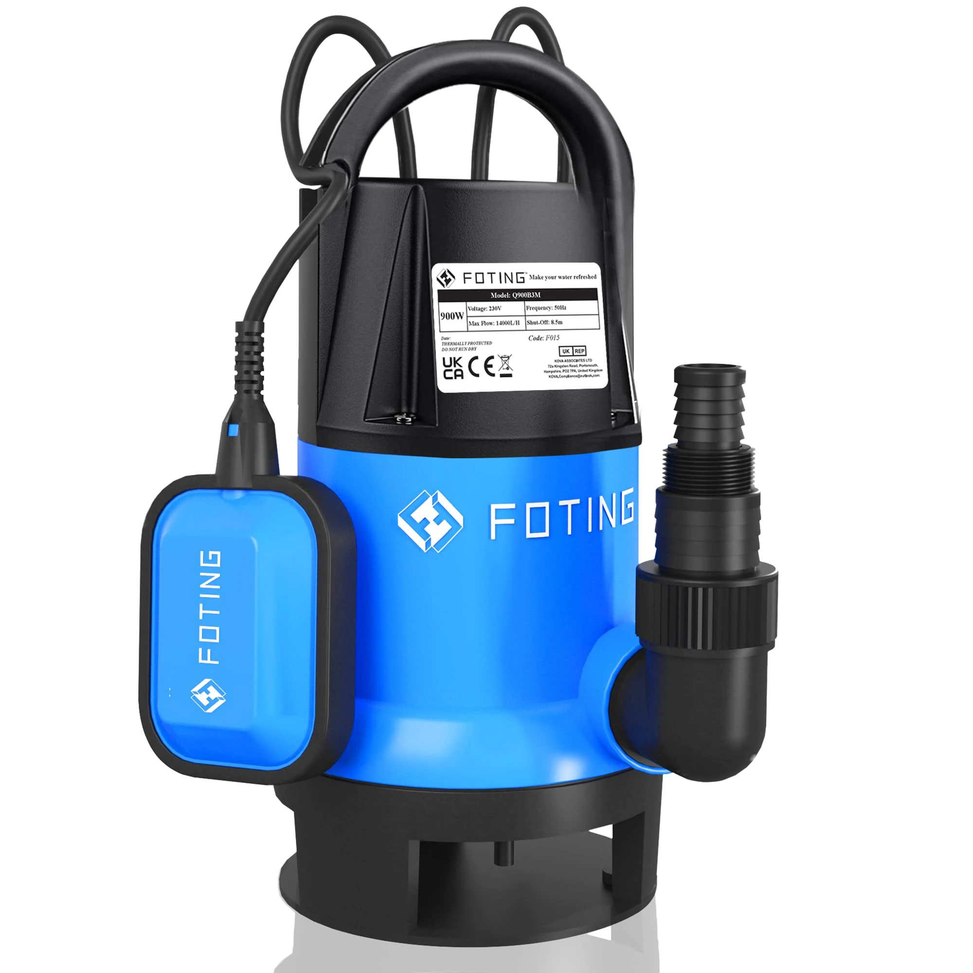 FOTING 900W Submersible Water Pump for Dirty/Clean Water, 14000 L/H Electric Sump Pump with Float Switch, Portable Water Pump to Empty Pool, Drainage Pump for Garden Pond, Pools, Hot Tub, Ditches