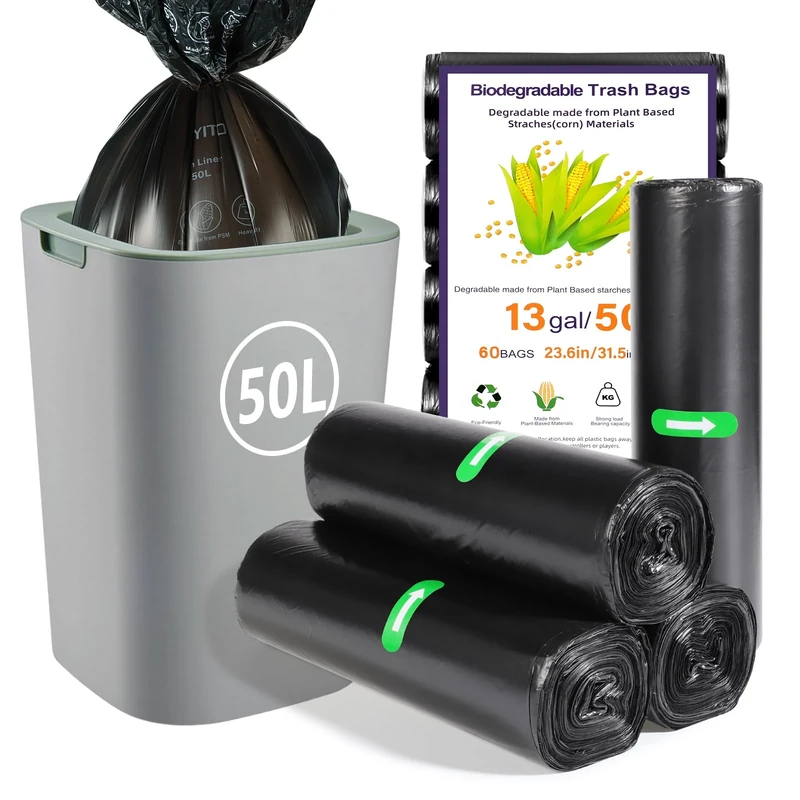 60 x 50 Litre Bin Lines Bags, 13Gallon Food Waste Bags Thicken large Garbage Bags Trash Bags for Kitchen Outdoor Office Bedroom Bathroom Trash Can Liners(60x80cm,Black)