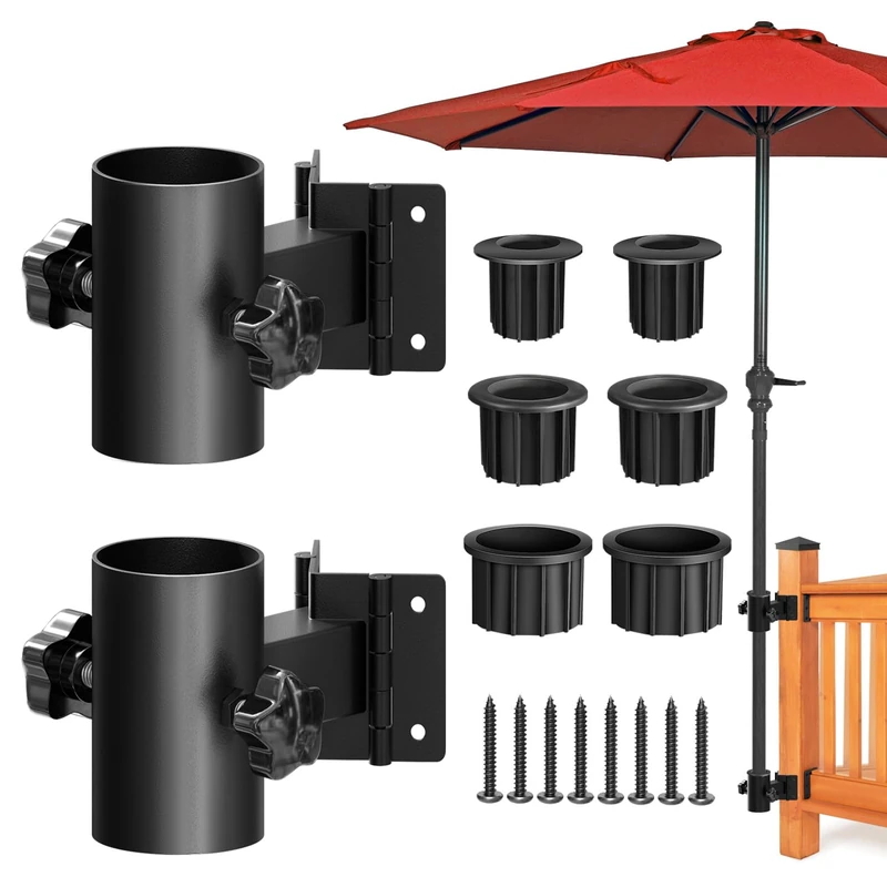 Stainless Steel Umbrella Deck Mount, Heavy Duty Patio Umbrella Holder, (Fits Umbrellas up to 2"), Patio Umbrella Base, Can be Mounted on a Flat Surface or at Right Angles to Save Space(Set-01,Black)