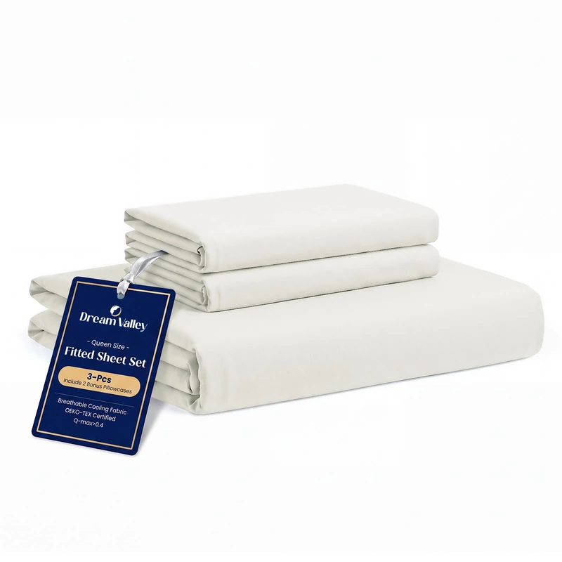 Dream Valley® Queen Sheet Set, Cooling Fitted Sheet with 2 Pillowcase-3 PCS with No Flat Sheet,Q-Max > 0.4 Aerocool, Cooling for Night Sweats, Hot Sleepers,deep Pocket up to 15",Ivory