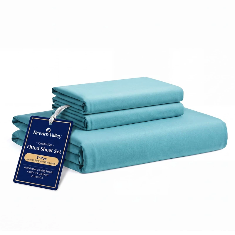 Dream Valley® Outlast® King Size Cooling Fitted Sheet Bedding with 2 Pillowcases NASA-Grade Technology, Q-Max > 0.4 Aerocool™ Cooling for Night Sweats, Hot Sleepers, Blue