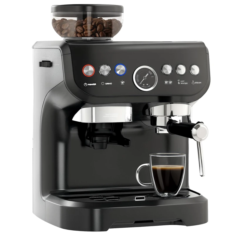 HOMCOM Espresso Machine with Integrated Bean Grinder & Steam Wand, Bean to Cup Coffee Machine with 15 Bar Italian Pump, 2L Water Tank, Cappuccino Maker, Stainless Steel Black