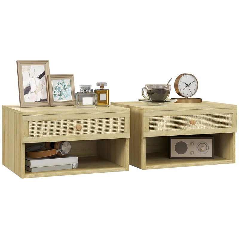 HOMCOM Floating Bedside Tables, Nordic Nightstands Set of 2 with Rattan Drawer and Open Shelf for Bedroom, Nature Wood Finish - Image 1