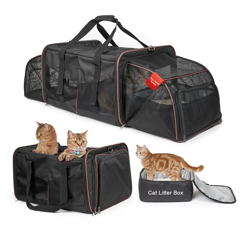 LitaiL Cat Travel Carrier with Litter Boxes for 2 Cats, Soft Double Compartment, Portable, Expandable, Car Travel on Road, Up to 15kg, Camping, Hiking, Black