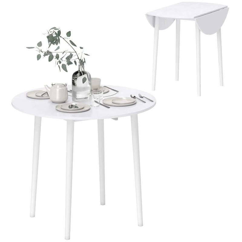 HOMCOM Folding Dining Table for 4, Round Drop Leaf Table, Modern Space Saving Small Kitchen Table with Wood Legs for Dining Room, White