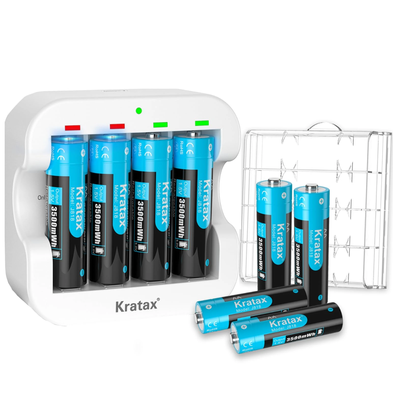 Kratax Rechargeable AA Lithium 1.5V Batteries - High-Capacity 3500mWh - 1600 Cycles - Full-Recharged 8 Pack with Ultra Fast Charger, Long-Lasting, Constant Output for Household Office Device
