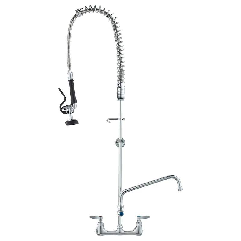 VEVOR Commercial Faucet with Pre-Rinse Sprayer, 47" Height, 8" Center, 12" Swing Spout, Wall Mount Kitchen Sink Faucet, Brass Constructed Device with Pull Down Spray, for 1/2/3 Compartment Sink