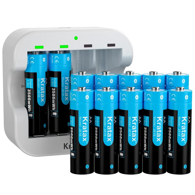 Kratax Rechargeable AA Lithium 1.5V Batteries - High-Capacity 3500mWh - 1600 Cycles - Full-Recharged 12 Pack with Ultra Fast Charger, Long-Lasting, Constant Output for Household Office Device