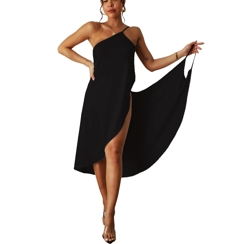 ZKZFCAI Women's Beach Cover Up Dress Summer Beach Wraps Wear Adjustable Straps Wrap Dress Cover Up Beachwear (Black)