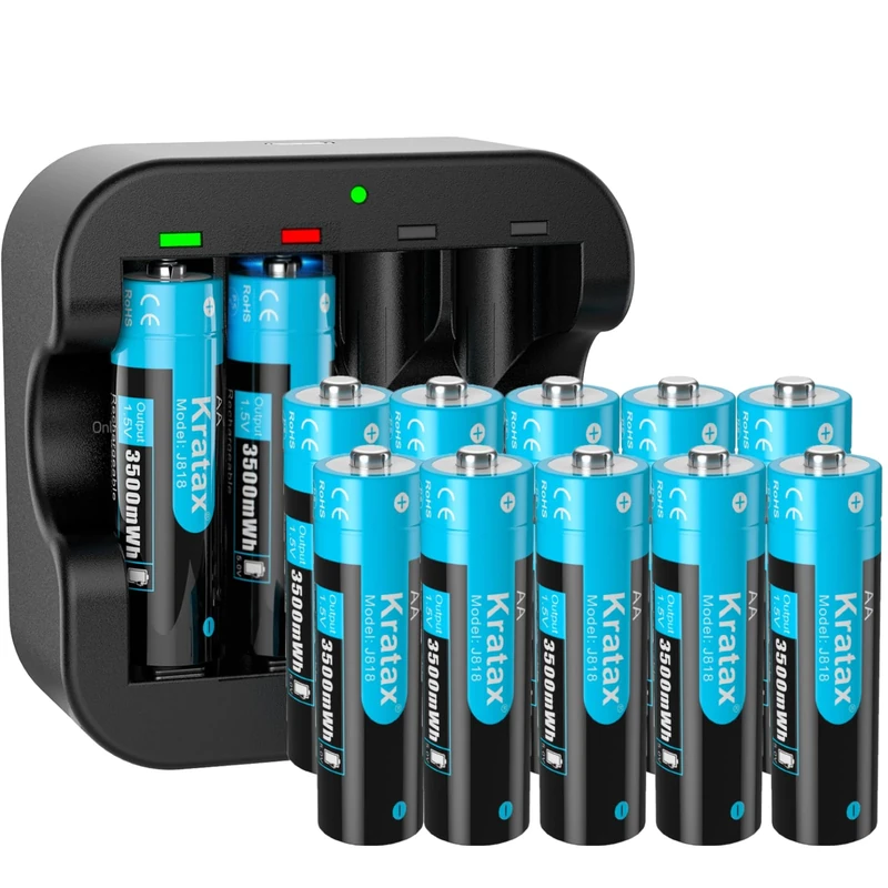 Kratax Rechargeable AA Lithium 1.5V Batteries - High-Capacity 3500mWh - 1600 Cycles - Full-Recharged 12 Pack with Ultra Fast Charger, Long-Lasting, Constant Output for Household Office Device