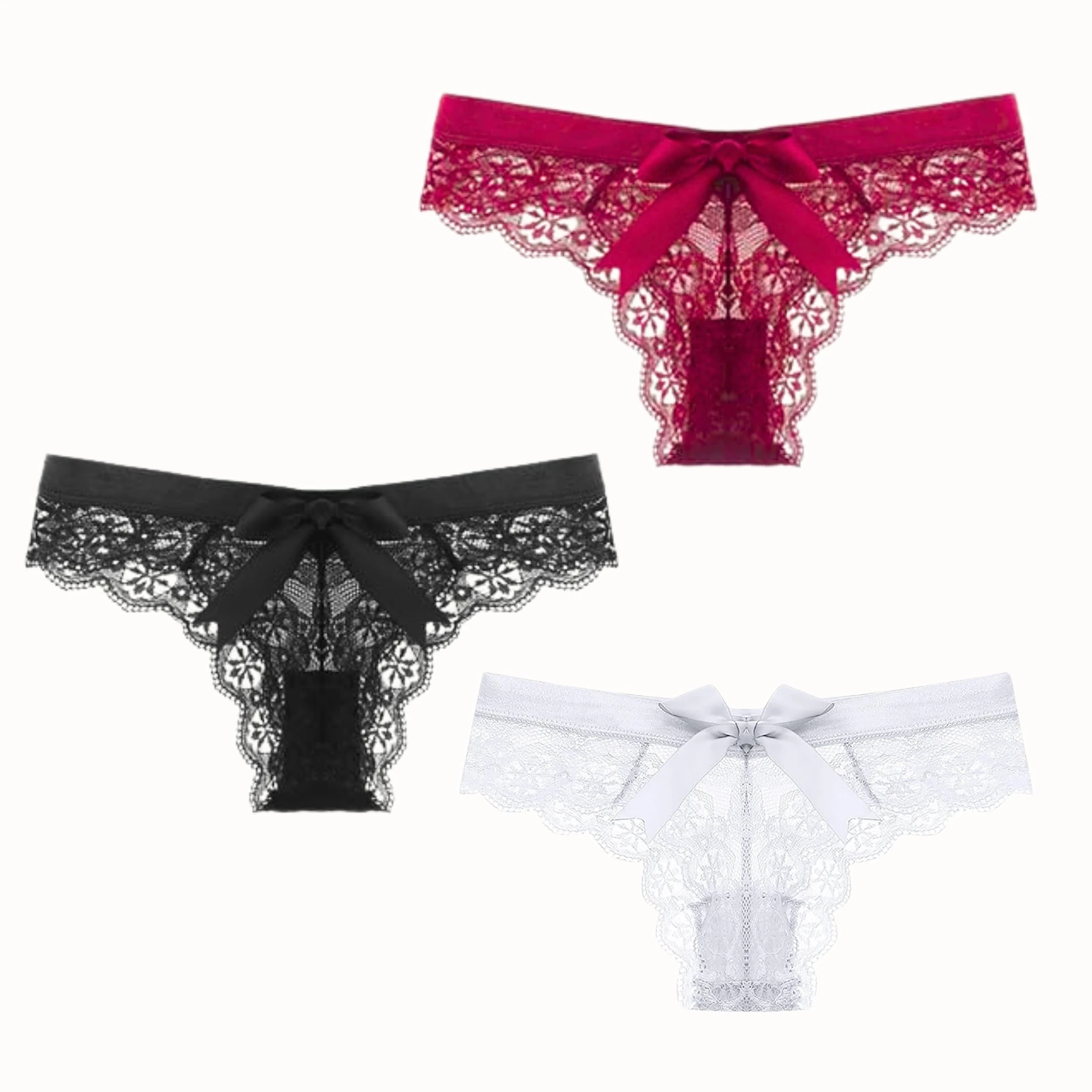 Women’s Sexy Lace Panties Bowknot Thongs Ladies Underwear Cheeky Tanga Low Rise Floral Lace Knicker See Through Hipster Bikini Briefs G-String (UK, Alpha, S, Regular, Regular, Black+White+Burgundy)