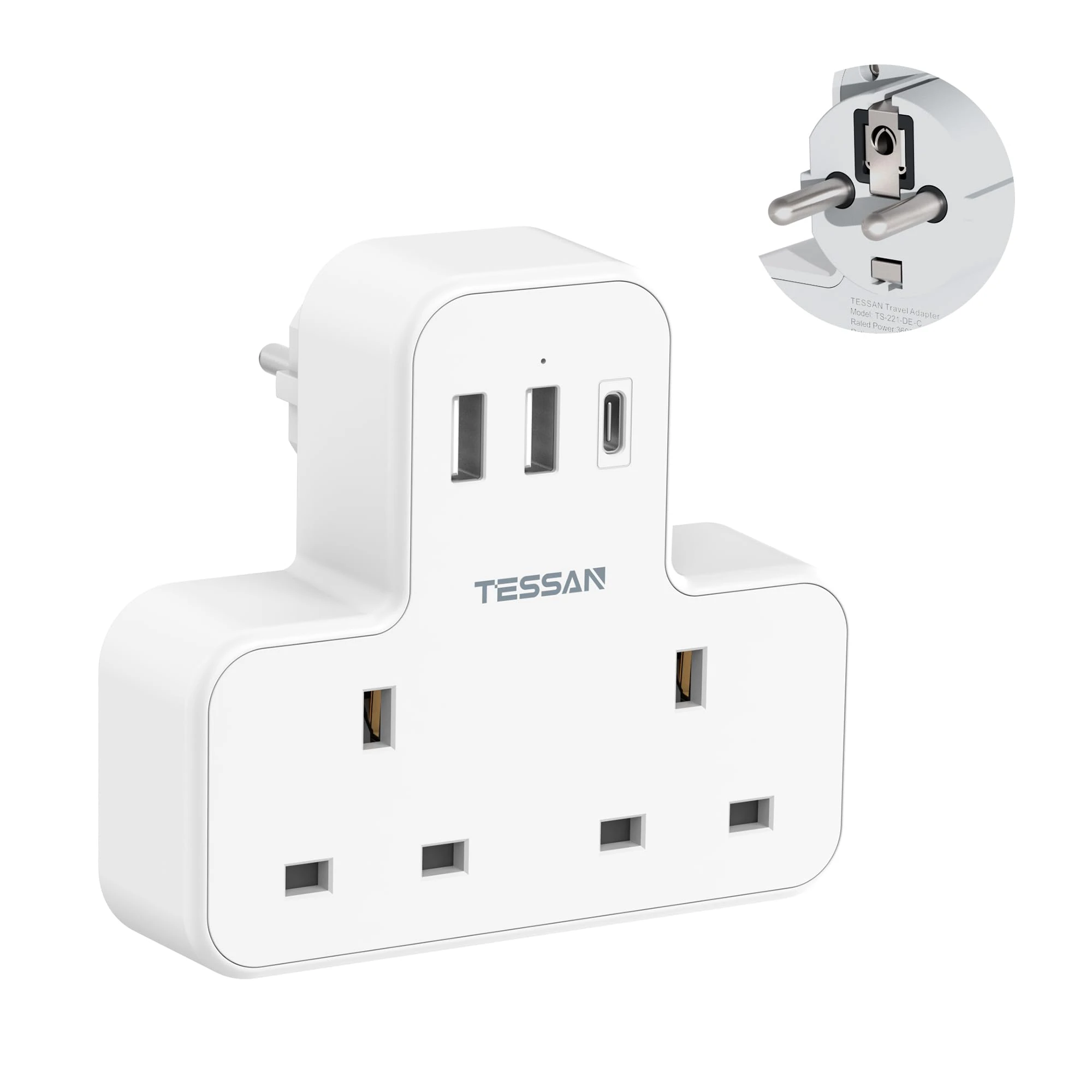 UK to European Plug Adapter, TESSAN EU Travel Adaptor with 2 AC Outlets and 3 USB(1 USB C) Charging Ports, Type E F Plug for Euro Germany Spain France Iceland Greece Poland