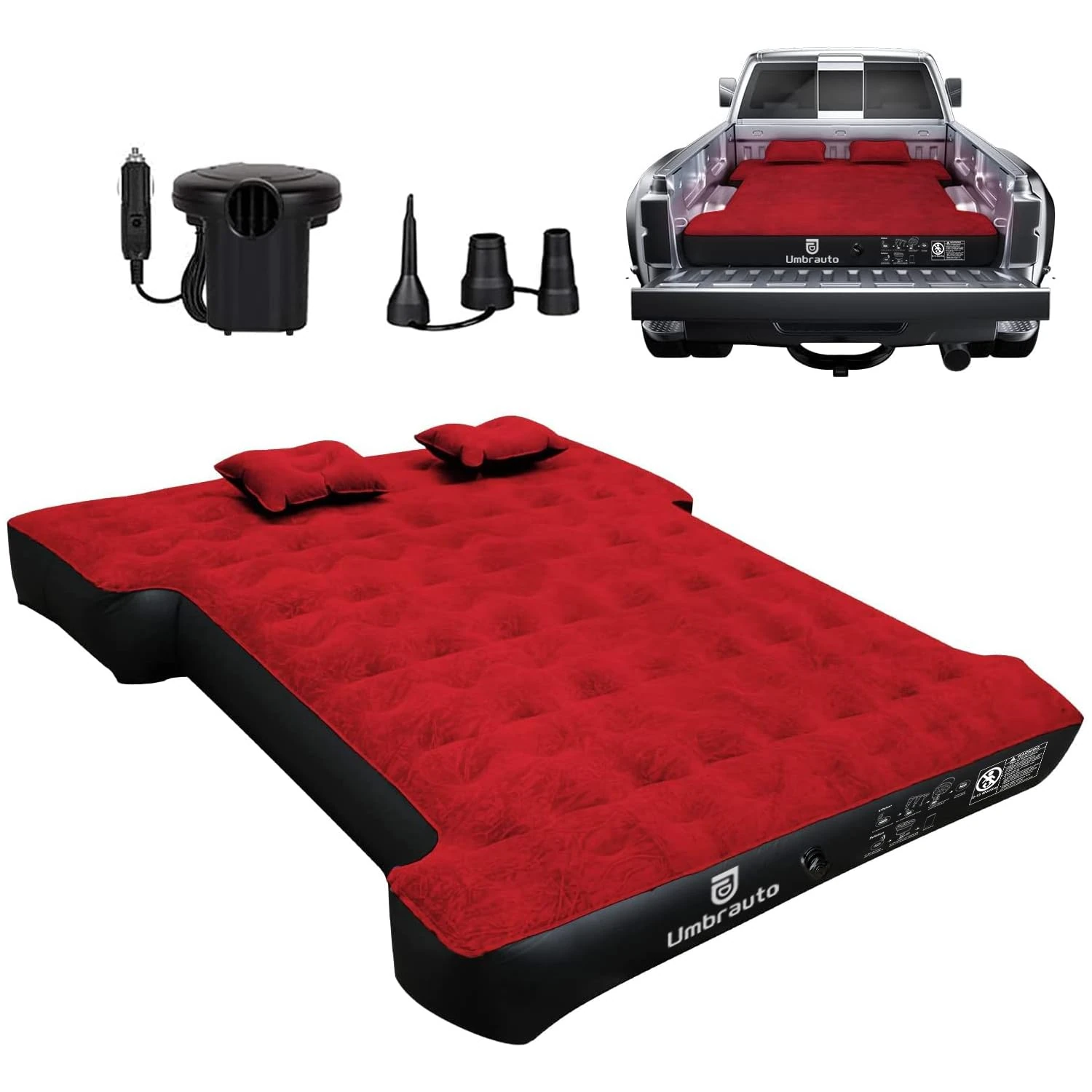 Umbrauto Air Mattress for 6-6.5ft Full Size Truck Bed, Inflatable With Pump, Pick Up Airbed for Tent Camping, Red