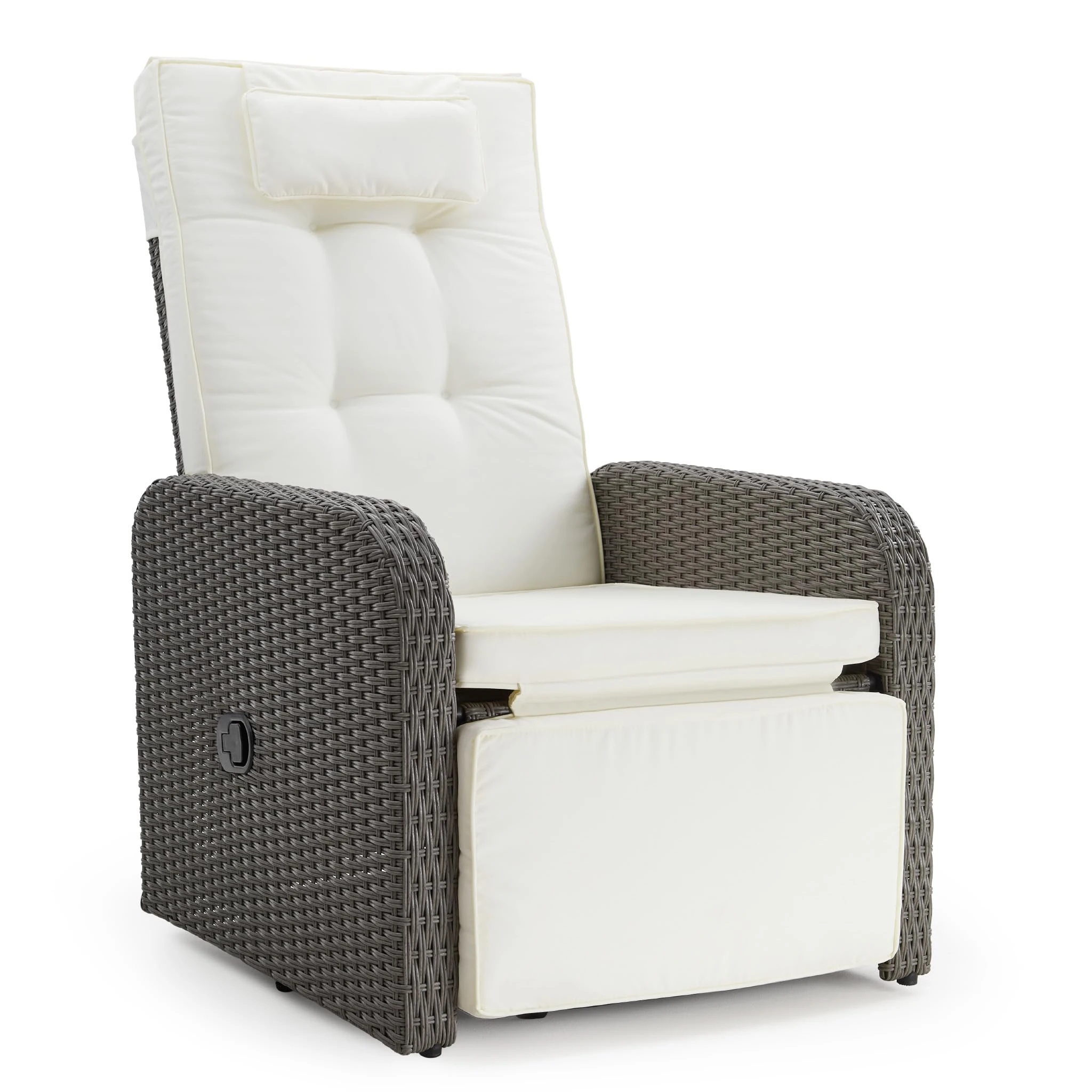 Mondeer Garden Recliner Chair, PE Rattan Lounge Armchair with Adjustable Backrest and 360° Swivel Base for Garden Terrace Indoor and Outdoor, Grey and Beige