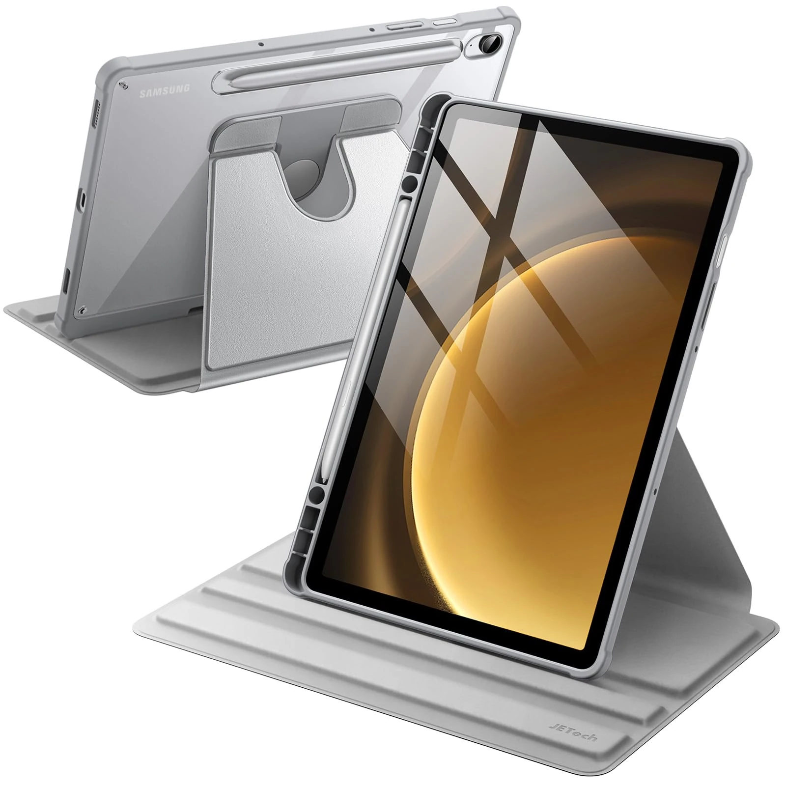JETech Rotating Case for Samsung Galaxy Tab S10 Lite / S10 FE / S9 FE 10.9-Inch / S9 11-Inch with S Pen Holder, 360 Degree Rotation Protective Stand Cover Clear Back, Auto Wake/Sleep (Silver)