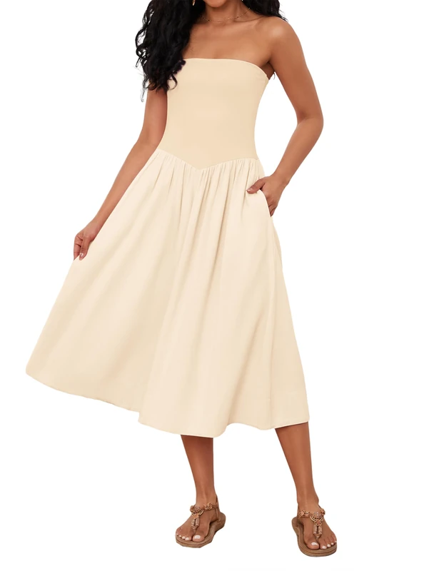Livtany Women Off Shoulder Midi Dress Strapless Sleeveless Drop-Waist A Line Tube Dress Trendy Summer Swing Patchwork Dress, Beige, S - Image 1