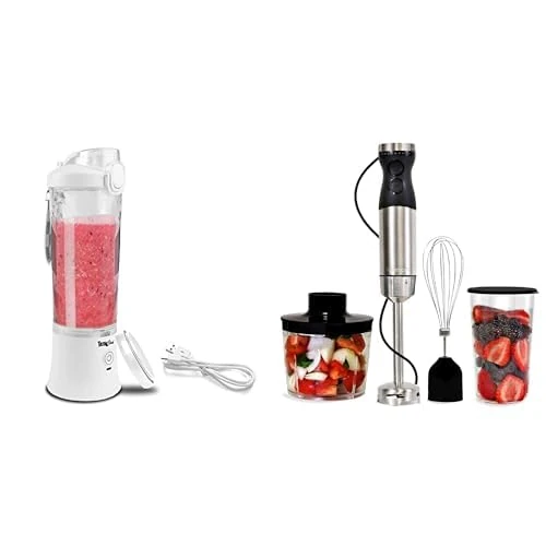 White Portable 600mL Cordless Blender for Smoothies,Shakes Type-C USB Rechargeable Mini Blender+Immersion Hand Blender Variable Speed Blender Handheld Blending Stick Food Chopper Whisk 700mL Beaker
