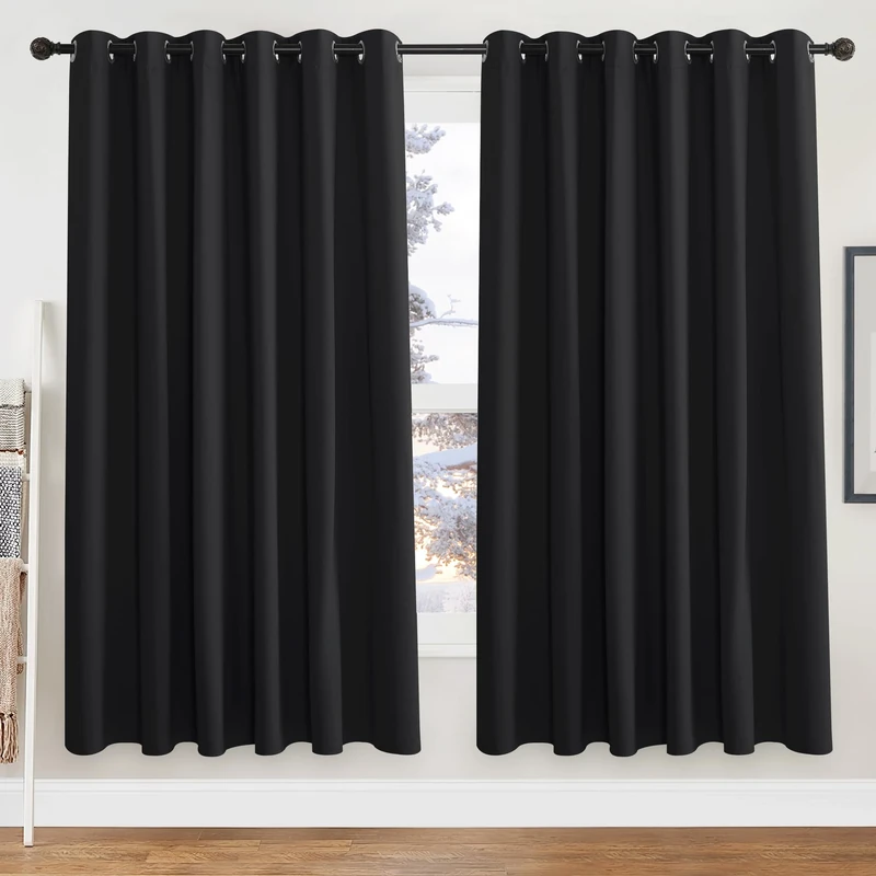 PONY DANCE Thermal Blackout Curtains 90x72 for Bedroom Black Out Curtains Eyelet Extra Wide Drapes for Bedroom/Living Room Window Treatment, W90 X L72, 2 Panels, Black