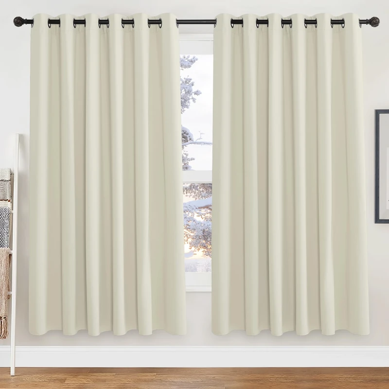 PONY DANCE Thermal Insulated Curtains Bedroom Energy Saving Privacy Protection Curtain with Eyelets Extra Wide Drapes for Living Room and Bedroom, Set of 2 for Hotel, Beige, 90 x 72 Inch