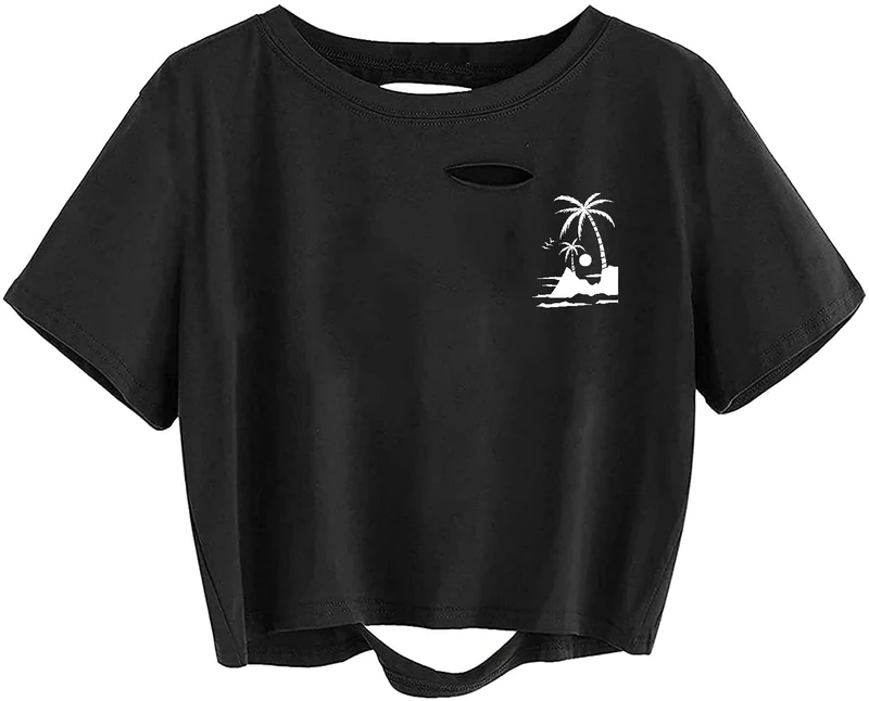Avanova Women Distressed Loose Crop Top Oversized Short Sleeve Ripped Tee Shirt, Black Lx09, M