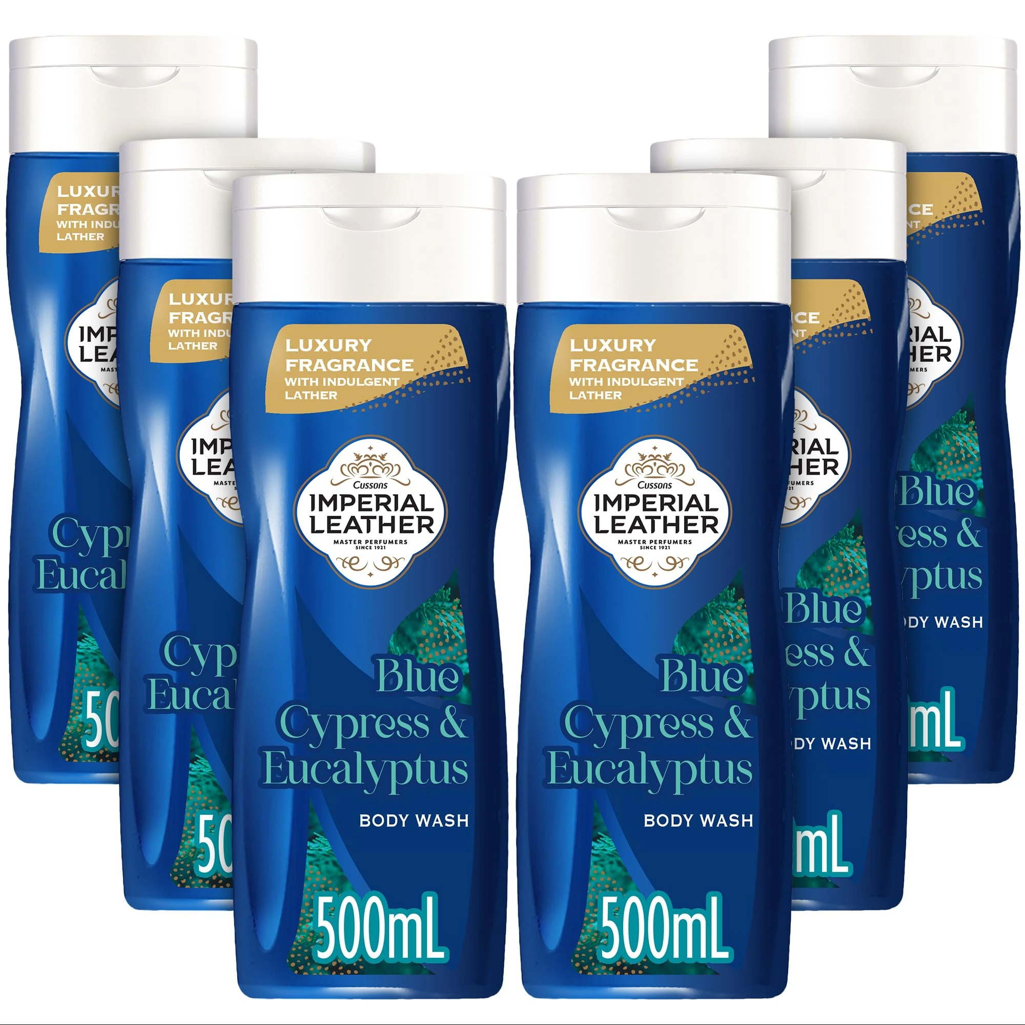 Imperial Leather Blue Cypress & Eucalyptus Invigorating Body Wash Shower Gel Signature Oil Blend, Creamy Lather, Gentle Skin Care, Bulk Buy, Pack of 6x500ml