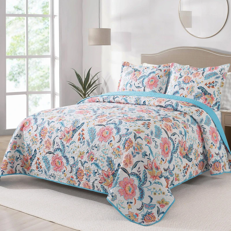 BEDIFANY Garden Queen Size Quilt Set - Lightweight Bedspreads Queen Size (90 x 98 inch) with Colorful Floral Pattern - Farmhouse Queen Quilt Bedding Sets for Bed Coverlet, 3 Pieces