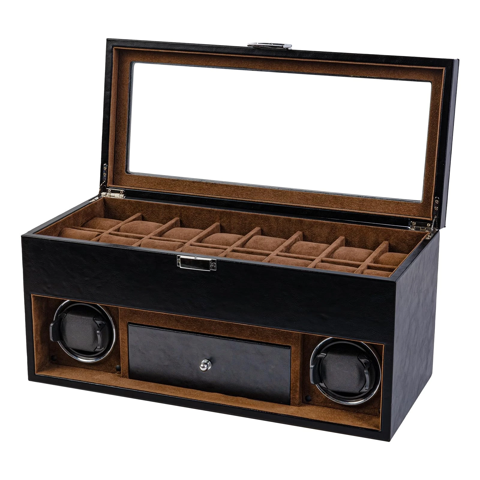 DUKWIN Double Watch Winder with 16 Extra Storage Box, Automatic Watch Winder Box with LED Light Quiet Motors, Watch Winders for 2 Watches, Multifunctional Watch Box, Adjustable Watch Pillows