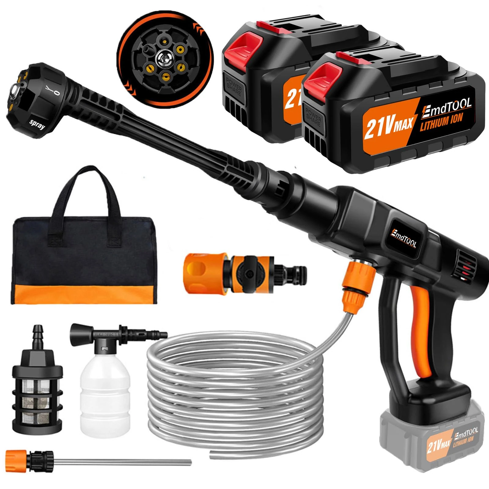 Cordless Pressure Washer,21V 45 Bar/652 PSI Portable Pressure Washer with 3.0Ah Battery（2PCS）,6-in-1 Adjustable Nozzle,5M Hose Pressure Cleaner for Car/Floor/Garden Cleaning & Watering