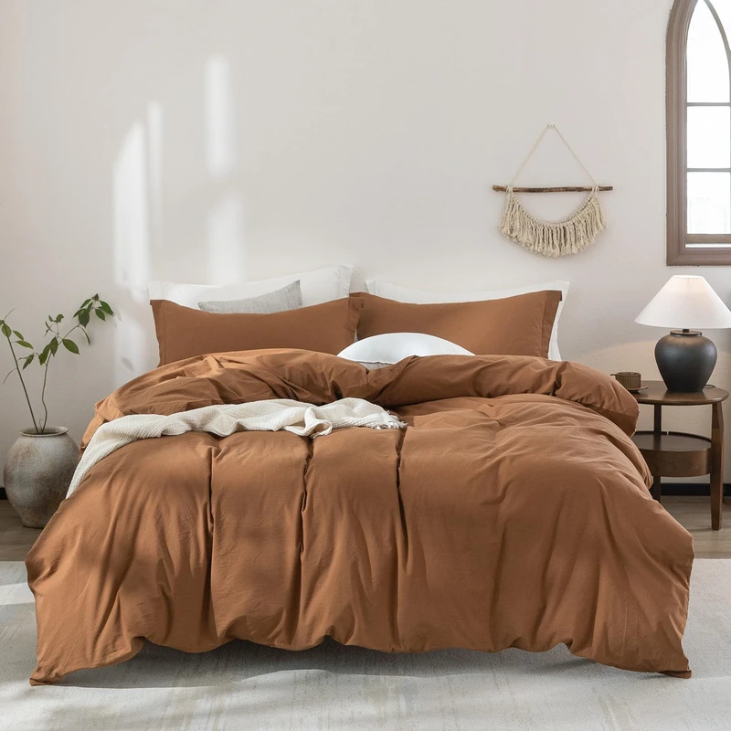 Warm Moment 100% Washed Cotton Duvet Cover Set Size Queen with 90"x90" Quilt Cover and 2 Pillowcases, Dark Orange