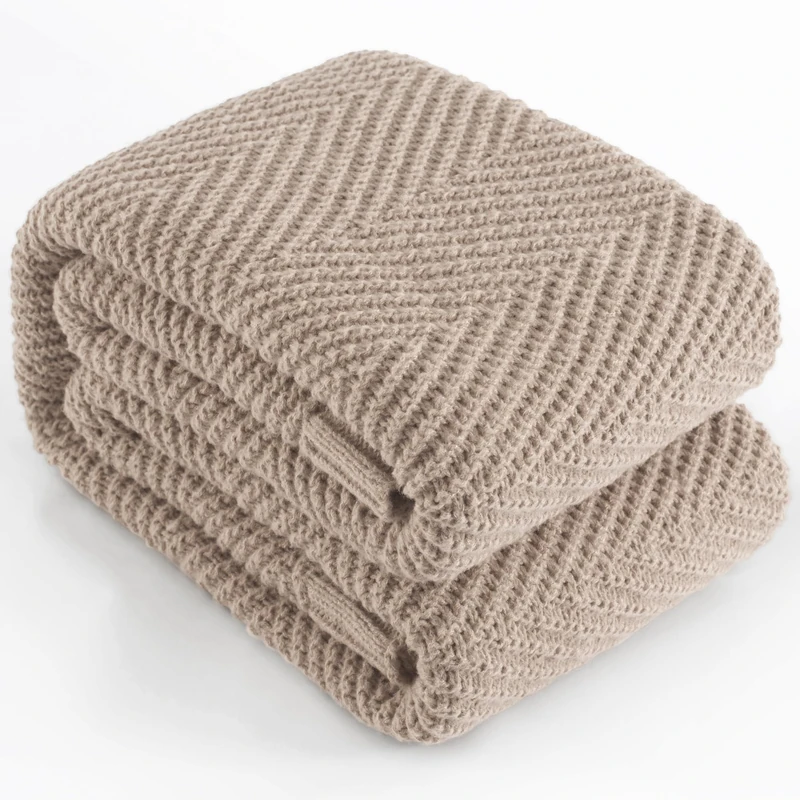LONG CREATE Knitted Throw Blanket 60"X80", Taupe Knit Throws for Bed, Super Soft Boho Chevron Blankets for Couch Sofa Chair Room Decor, Textured Decorative Farmhouse Cozy Lightweight