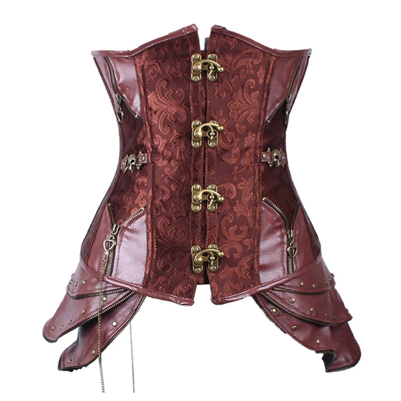 HOUTWWR Steampunk Sexy Underbust Corset Steel Corsets Bustier Steel Bones with Buckle Leather Slimming Shapewear,Brown,XL (Brown XL) (Brown L)