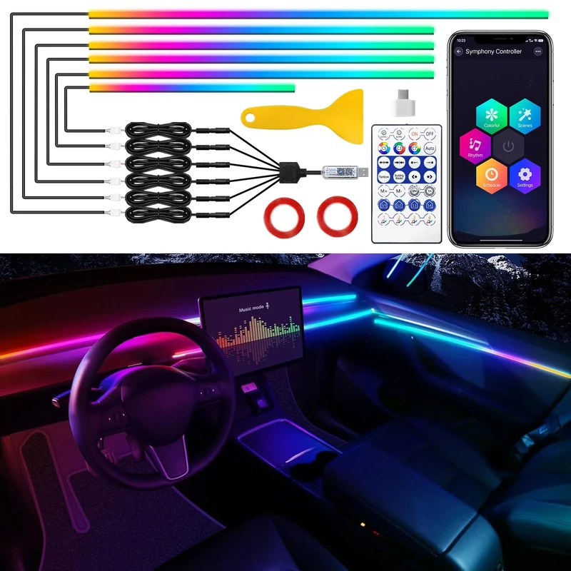 For Tesla Model 3/Y/S/X Dreamcolor Acrylic Interior Car LED Strip Light with USB/Type C, RGB 6 in 1 with 187 inches 650 LEDs Strip, Dynamic Chasing Music Sync Neon For Tesla Ambient Lighting Kits