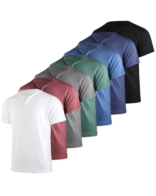 Liloak 4Pack Mens Henley T-Shirts,Multipack Henley Short Sleeve Shirts,3 Button Tee Shirts Multi Color,Classic Casual T Pack, Black/White/Grey/Green/Burgundy/Navy/Lake Blue, Large