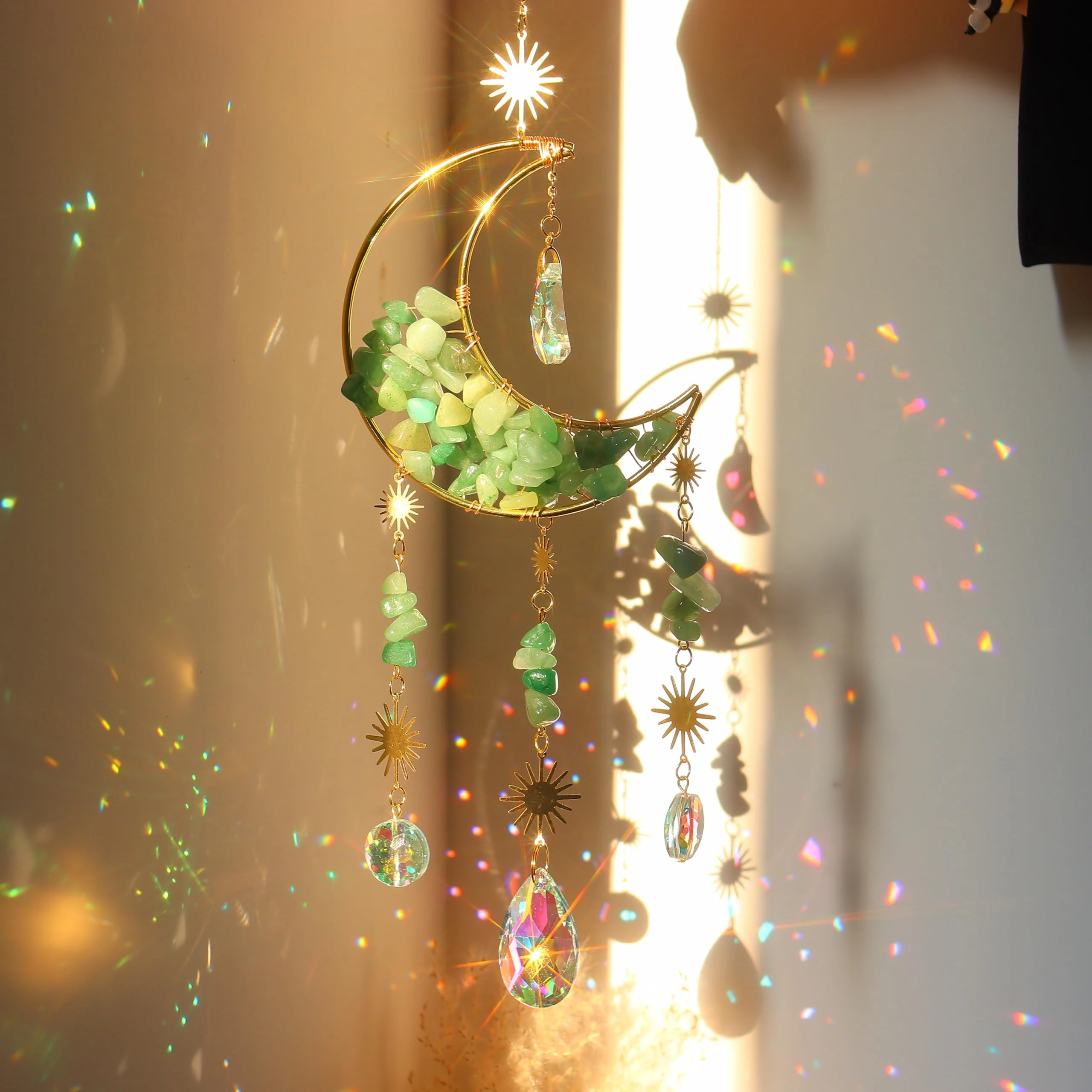 Moon Sun Catcher,Moon Crystal Dream Catcher,Meditation Crystal fit for Window Home Garden Decorations Room Car Garden Party Wedding Decor (Green)