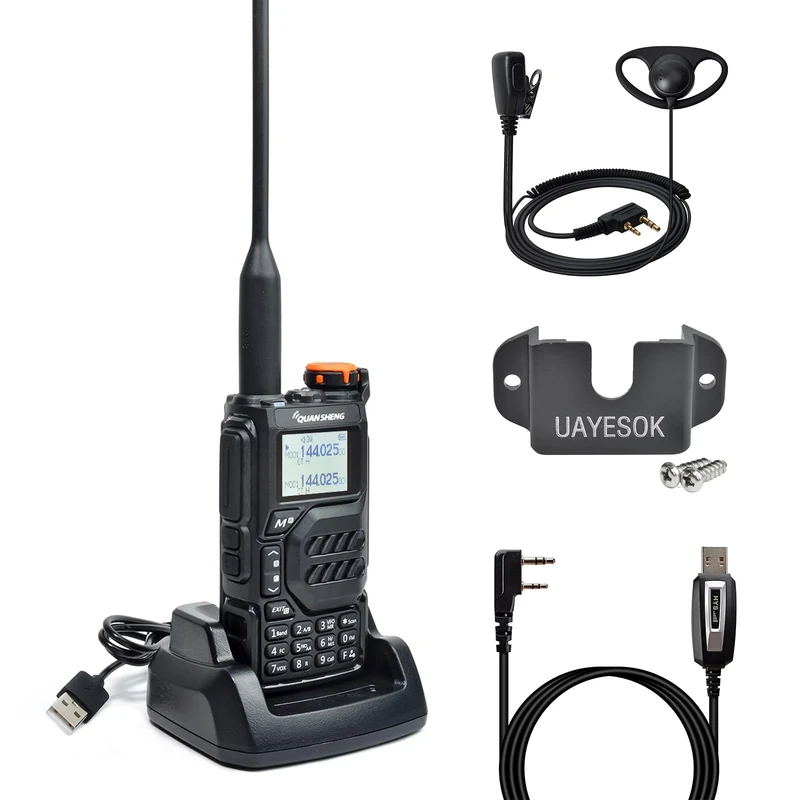 QUANSHENG UV-K5 Radio 5W Ham Handheld Walkie Talkie Long Range Two Way Radio for adult Dual Band NOAA Weather Receiver with Type C Charging, 200 Channnnels (UV-K5 with holder & earpiece & cable)