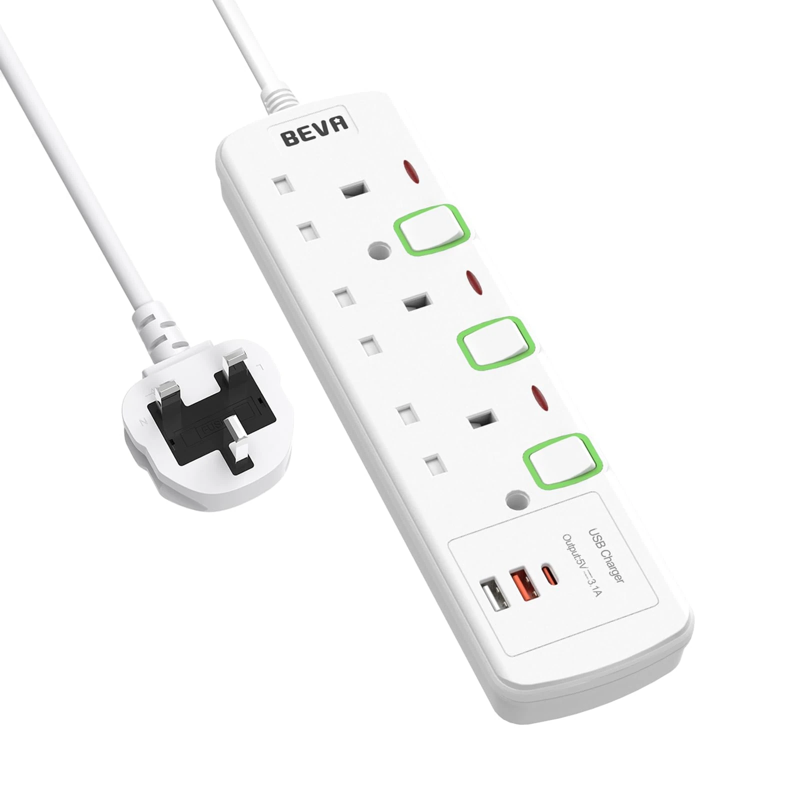 Extension Lead with USB Slots, BEVA 3 Way Plug Extension With 2 USB-A and 1 USB-C, Individual Switched Extension Socket Mountable Power Strip with 1.5M Cable