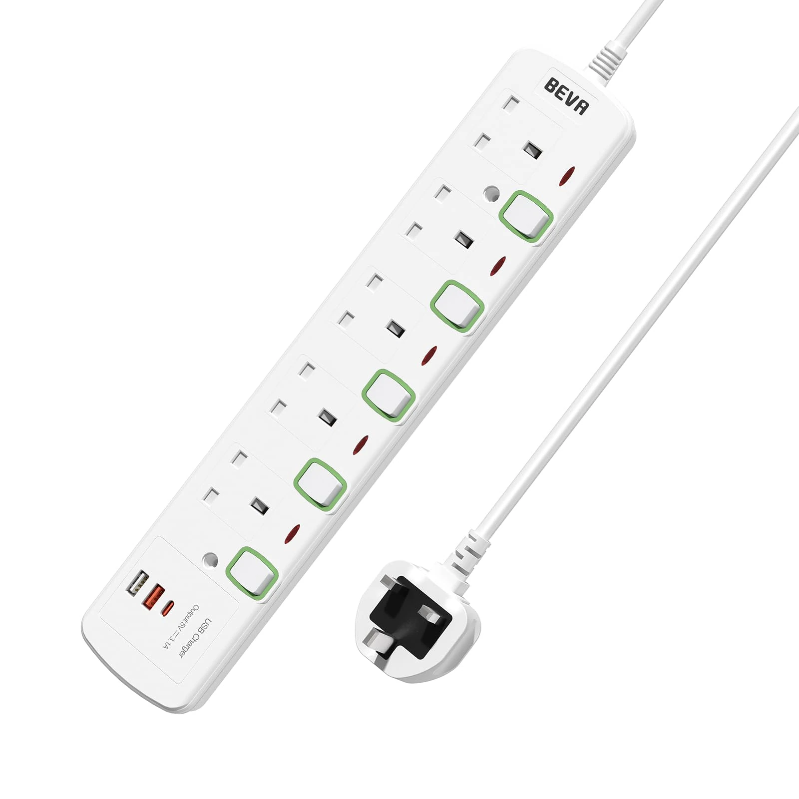 Extension Lead with USB Slots, BEVA 5 Way Multi Plug Extension With 2 USB A and 1 USB C, Individual Switched Extension Socket Mountable Power Strip with 1.5M Extension Cable 13A 3250W…