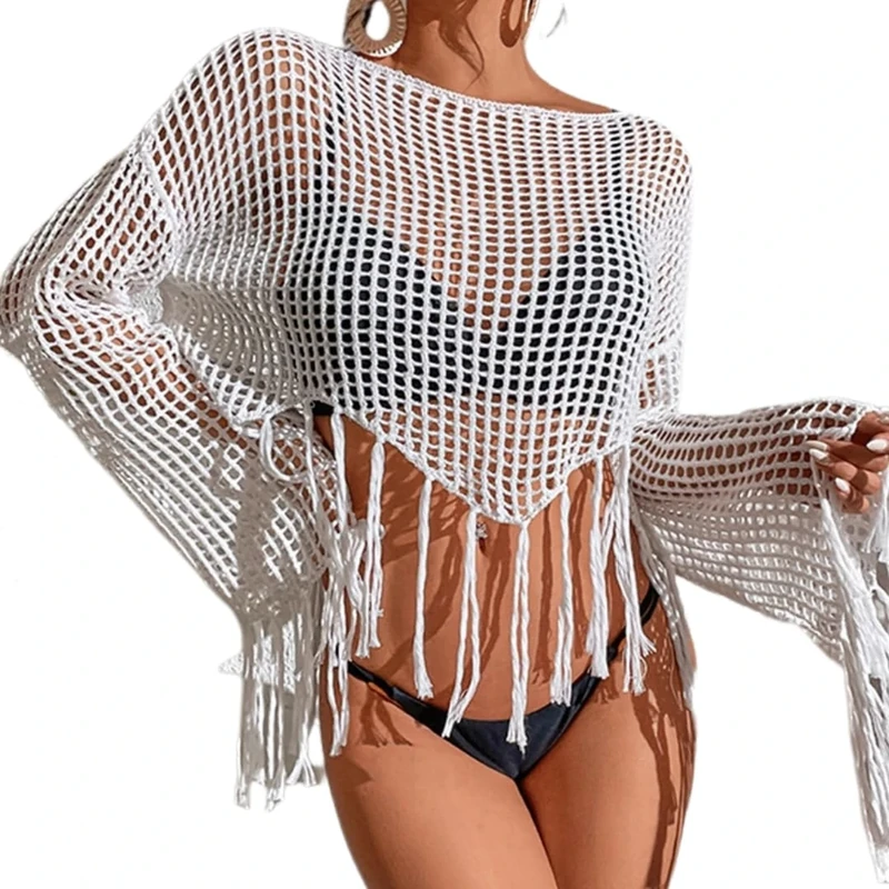 Women Tassel Crochet Cover Up Hollow Out Mesh Fishnet Top Summer Long Sleeve Swim Beach Cover Up Sexy Swimsuit Swimwear See Through Party Clubwear Top (UK, Alpha, One Size, Regular, Regular, White)