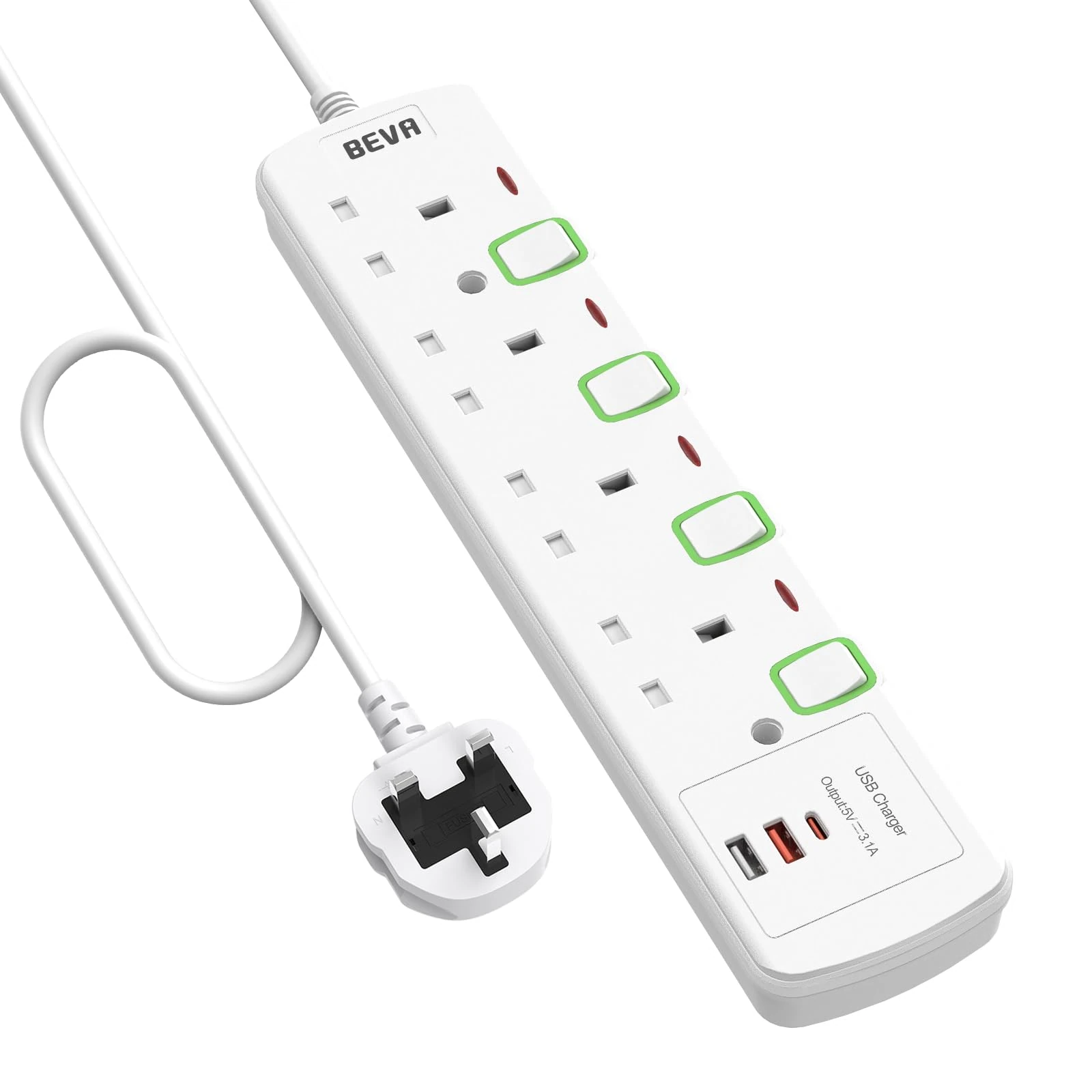 Extension Lead 3M with USB Slots, BEVA 4 Way Extension Socket With Individual Switches and 2 USB-A &1 USB-C Ports, Multiplug 3 Meter Extension Cable Mountable Power Strip 13A 3250W