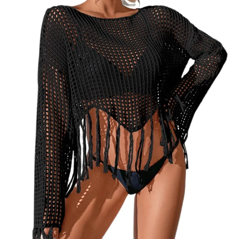 Women Tassel Crochet Cover Up Hollow Out Mesh Fishnet Top Summer Long Sleeve Swim Beach Cover Up Sexy Swimsuit Swimwear See Through Party Clubwear Top (UK, Alpha, One Size, Regular, Regular, Black)