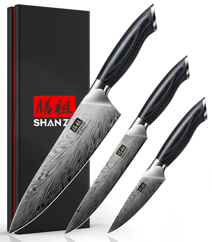 SHAN ZU 3 Piece Kitchen Knife Set in Powder Steel, Japanese Chef Knives Sets High Carbon 63 HRC Razor Sharp 12° Blade with Pakkawood Handles Including Kitchen, Utility, Paring Knife