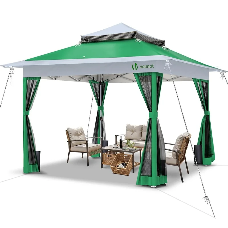 VOUNOT 3.6m x 3.6m Pop Up Gazebo with Central Lock System, Mesh Sides, Garden Double Roof Marquee Party Tent with Leg Weights & Roller Bag, Green